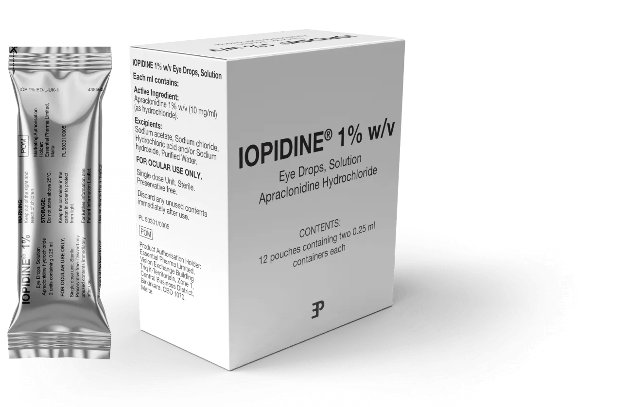 A photo of a the IOPIDINE® 1% w/v sachet and it's packaging