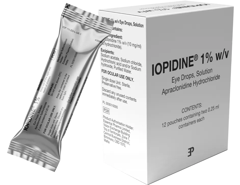 A picture of the IOPIDINE® 1% w/v sachet and its packaging