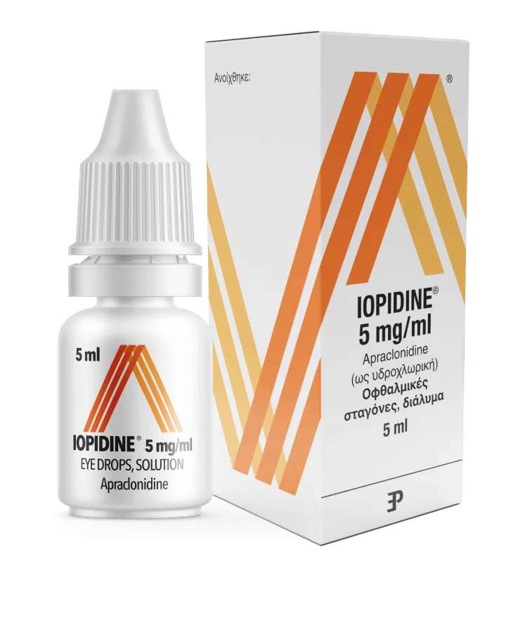 A photo of a the IOPIDINE® 5 mg/ml bottle and it's packaging